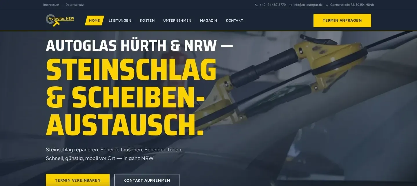 Startseite von GT Autoglas NRW nach dem Redesign am Desktop
