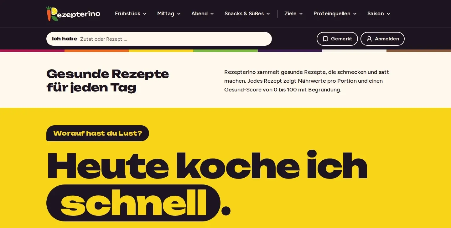 Startseite von Rezepterino am Desktop