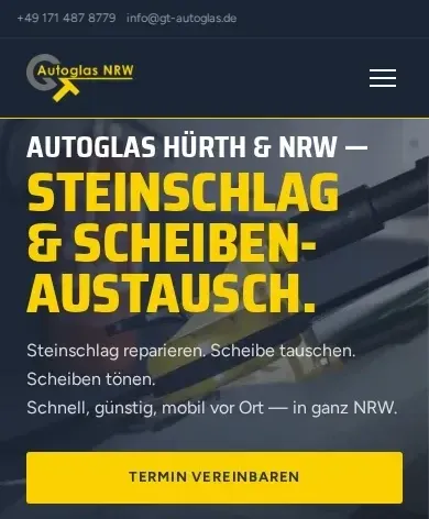 Startseite von GT Autoglas NRW nach dem Redesign auf dem Handy