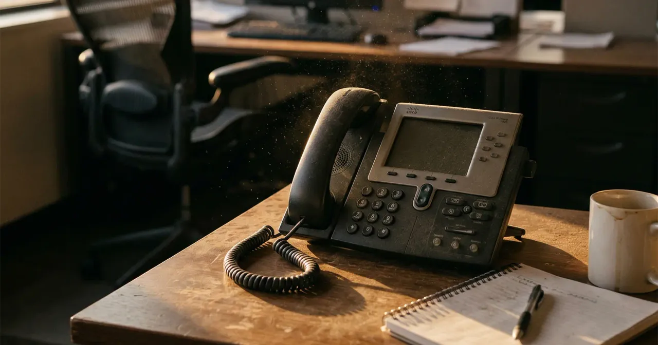Ein verstaubtes Telefon steht auf einem Schreibtisch in einem Büro.
