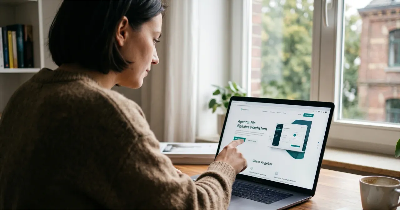 Eine Frau schaut sich ganz genau eine Landingpage und überprüft diese.
