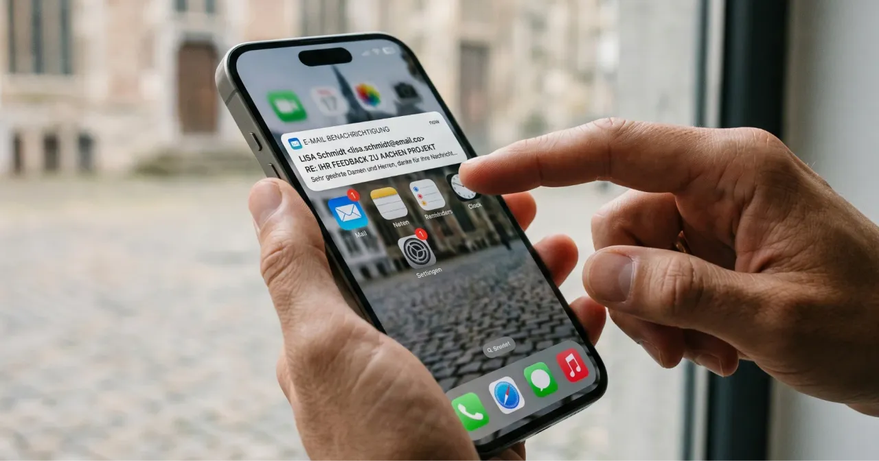 Ein Smartphone zeigt eine Push-Benachrichtigung eines Newsletters an und es wird darauf getippt.