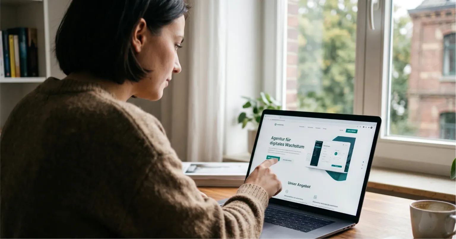 Eine Frau schaut sich ganz genau eine Landingpage und überprüft diese.