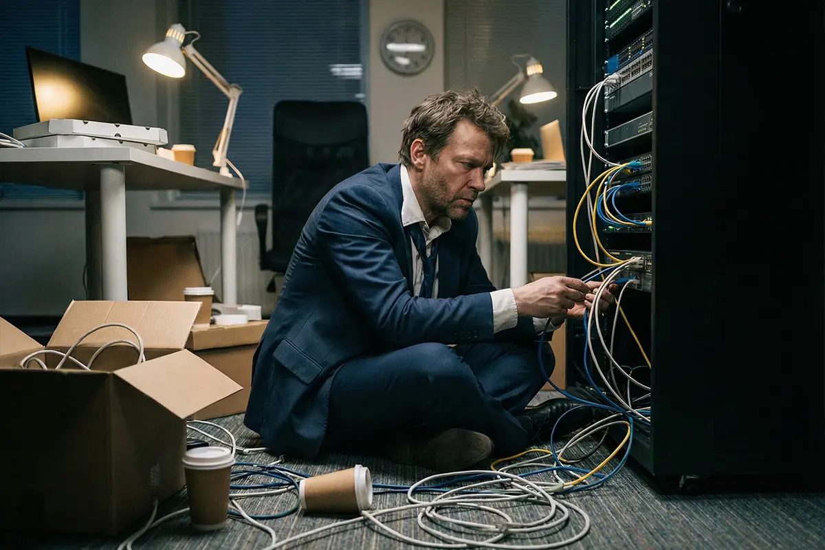Ein Geschäftsführer sitzt extrem überarbeitet und körperlich und mental total erschöpft auf dem Boden in seinem Büro. Er versucht die Probleme alleine zu lösen.