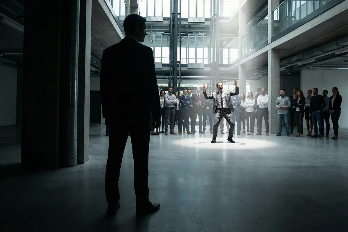 Eine Person tappt im Dunkeln, während ein Möchtegern-Profi im Rampenlicht steht und von einer Menschenmenge gesehen wird.