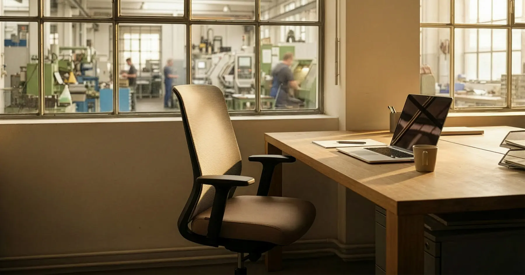 Das Büro eines Geschäftsführers neben seiner Lagerhalle, wo die Mitarbeiter arbeiten.