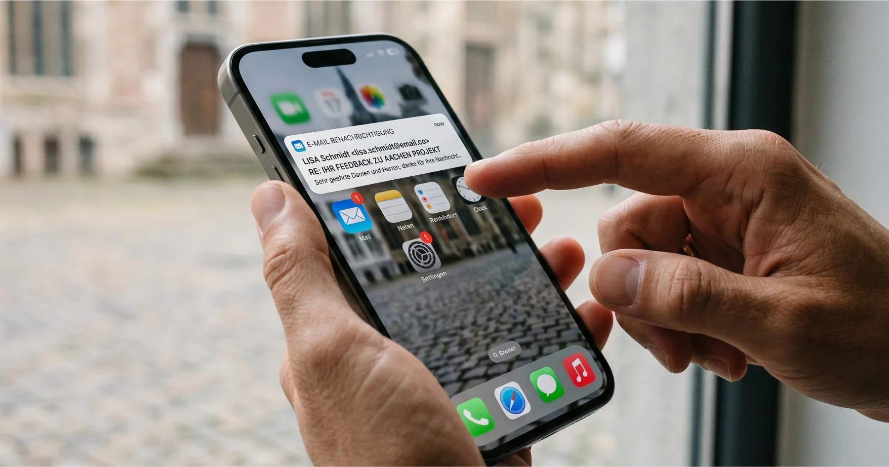 Ein Smartphone zeigt eine Push-Benachrichtigung eines Newsletters an und es wird darauf getippt.