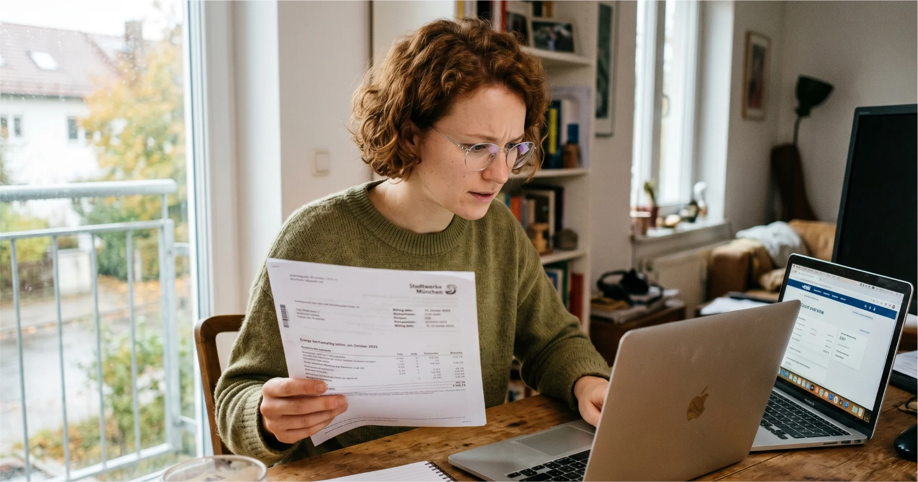 Eine Frau schaut sich ihre Website an, während sie dazu die Rechnung in der Hand hält und schaut kritisch.
