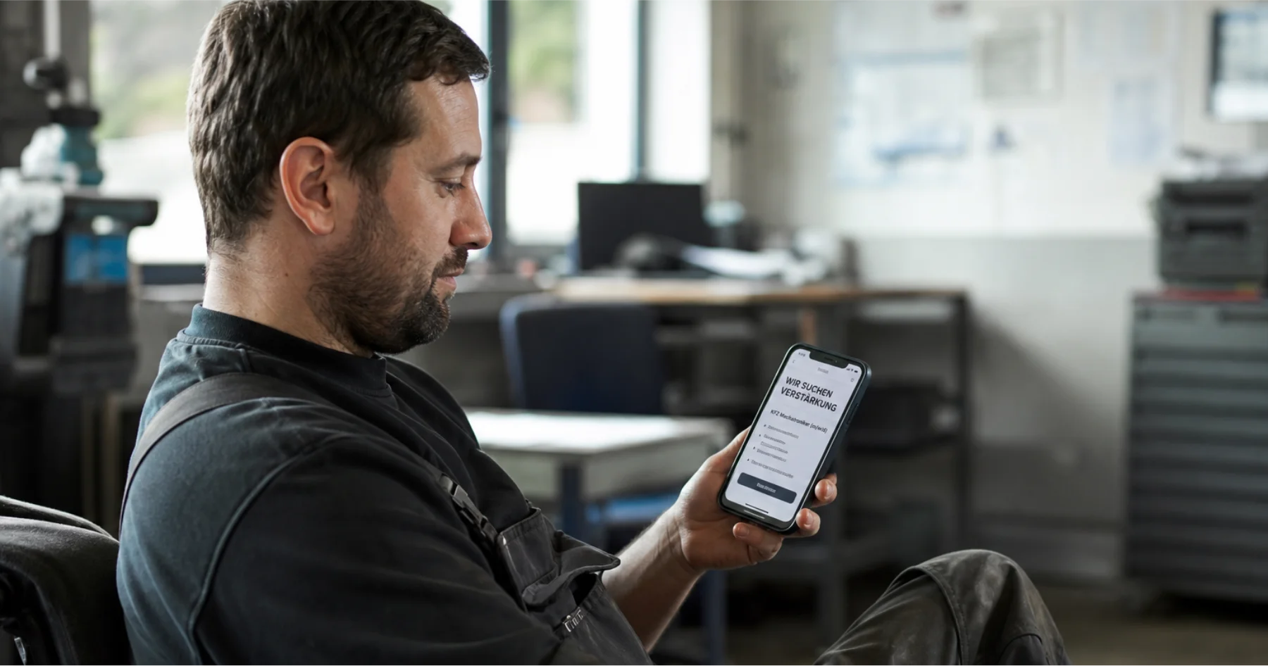 Ein Handwerker sitzt in seiner Pause am Smartphone und scrollt durch Social Media.