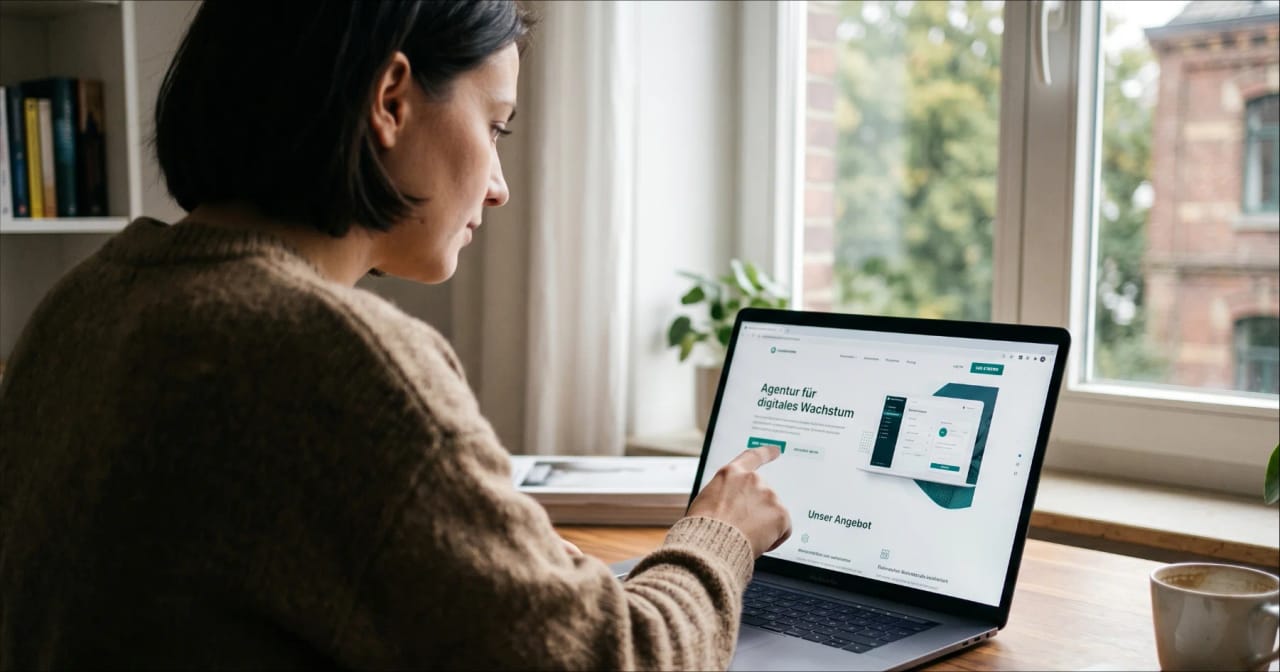Eine Frau schaut sich ganz genau eine Landingpage und überprüft diese.