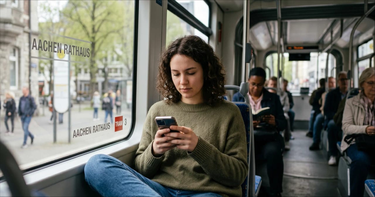 Frau sitzt im ÖPNV und nutzt ihr Smartphone um durch Social-Media-Plattformen zu scrollen.