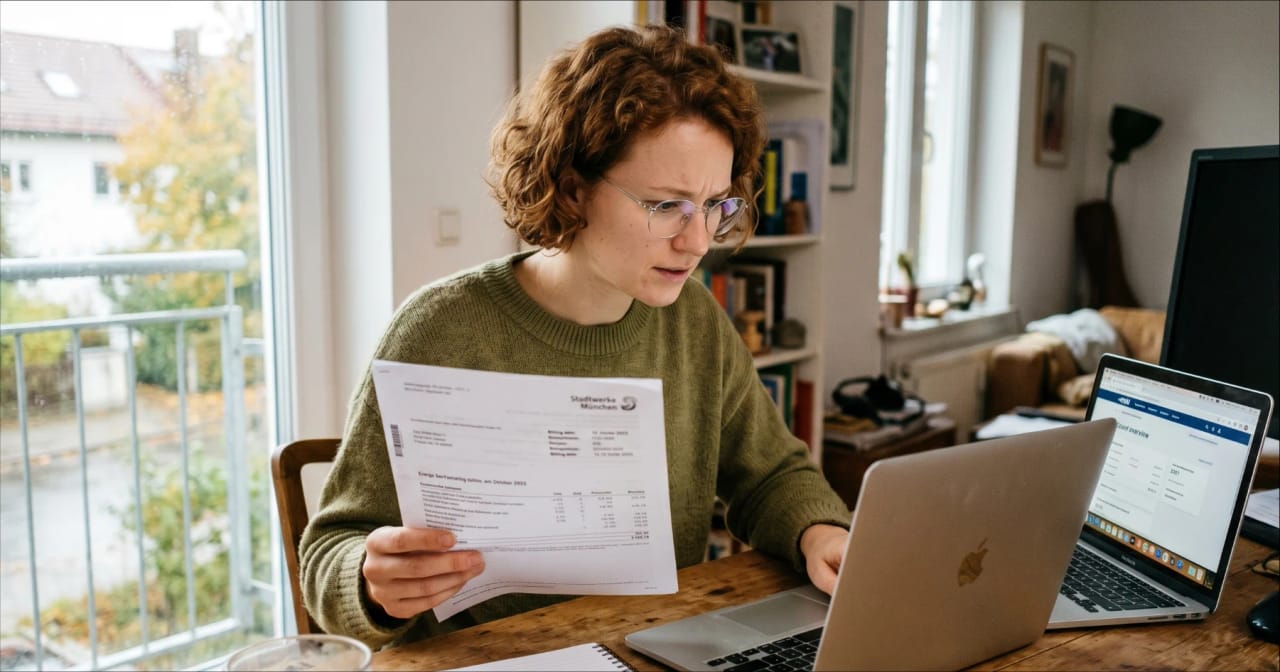 Eine Frau schaut sich ihre Website an, während sie dazu die Rechnung in der Hand hält und schaut kritisch.