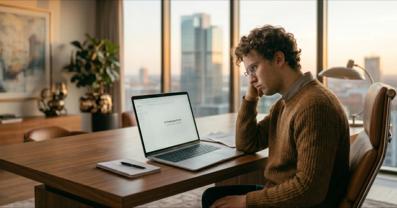 Leeres Postfach auf einem Laptop-Bildschirm eines Geschäftsführers – symbolisch für eine Website die keine Anfragen generiert.