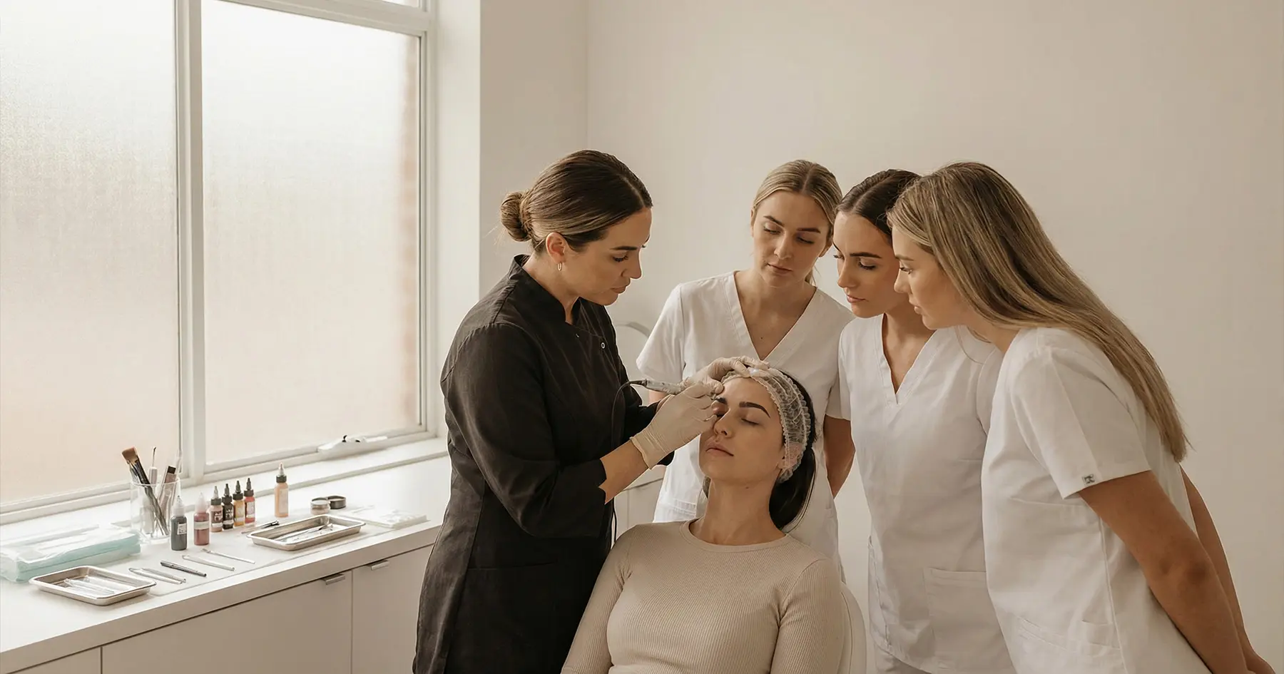 PMU-Trainerin demonstriert eine Brow-Technik an einem Modell während einer Beauty-Masterclass.