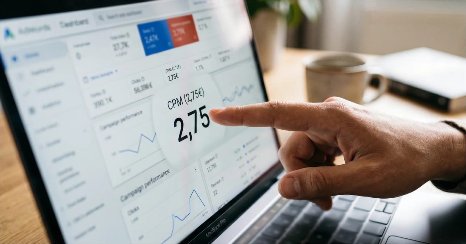 Ein Finger zeigt auf ein Analytics-Dashboard für die Social Media Conversions und KPIs.