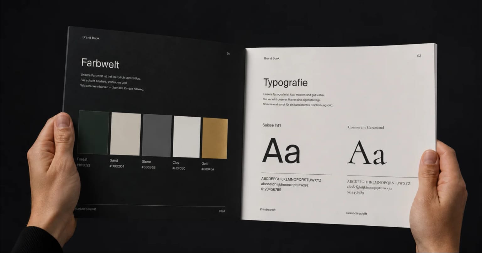 Moodboard mit Markenfarben, Typografie und Logo-Varianten – symbolisch für Corporate Design.