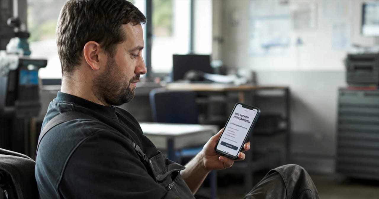 Ein Handwerker sitzt in seiner Pause am Smartphone und scrollt durch Social Media.