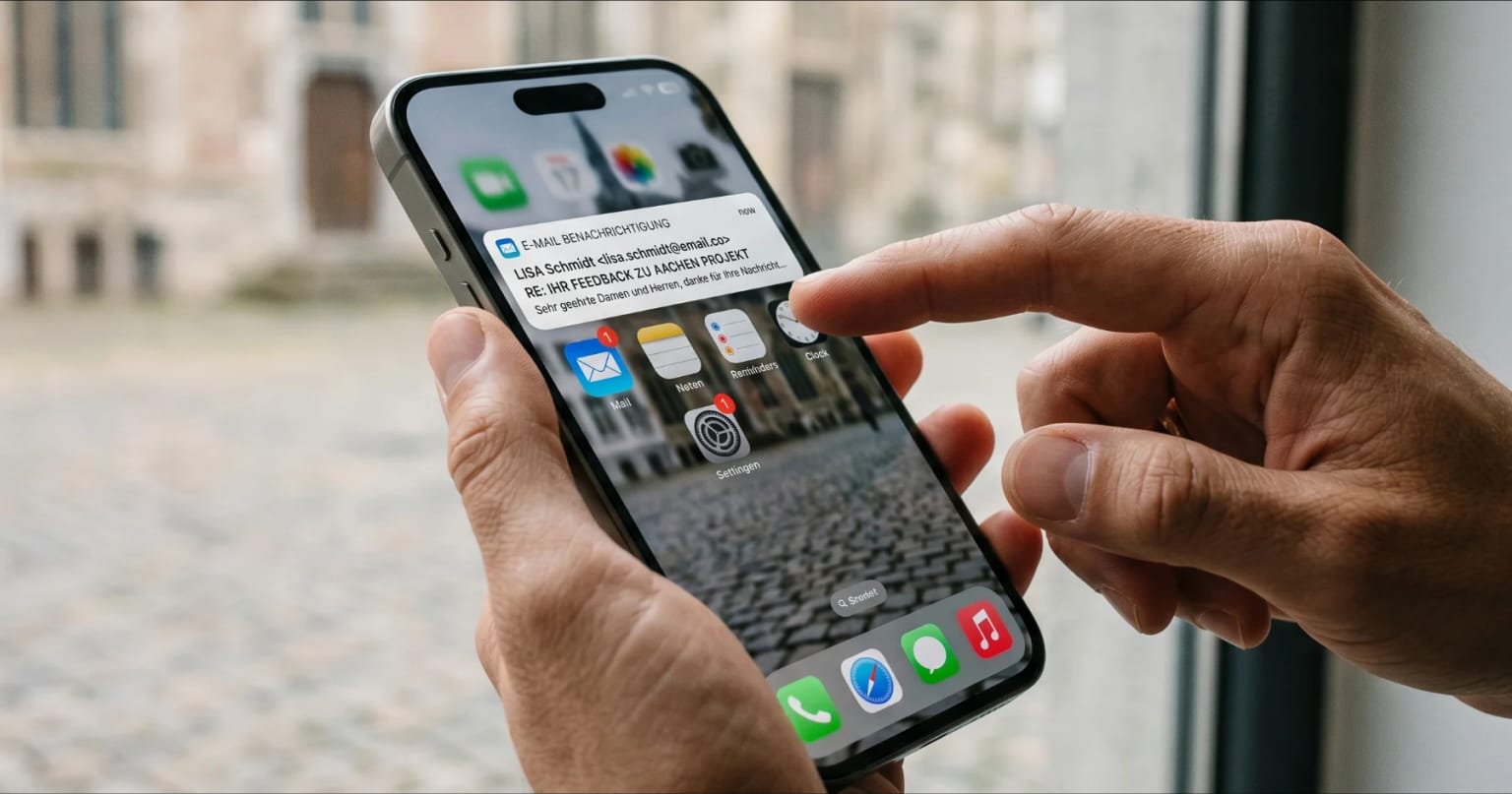 Ein Smartphone zeigt eine Push-Benachrichtigung eines Newsletters an und es wird darauf getippt.