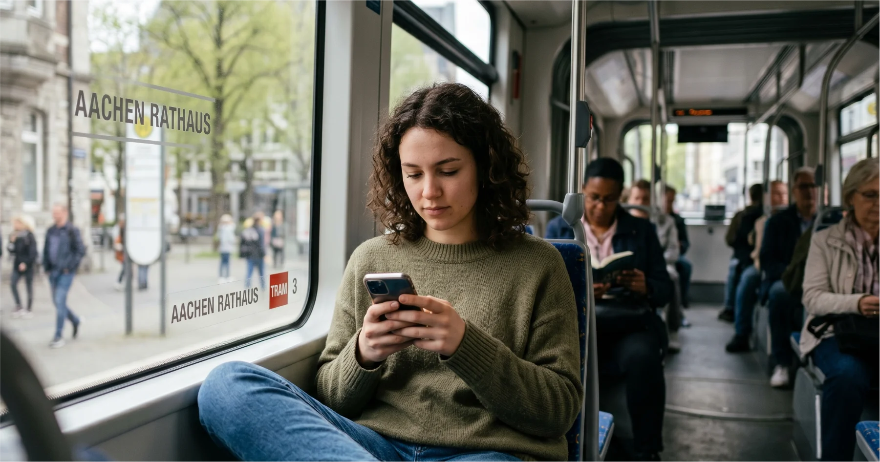 Frau sitzt im ÖPNV und nutzt ihr Smartphone um durch Social-Media-Plattformen zu scrollen.