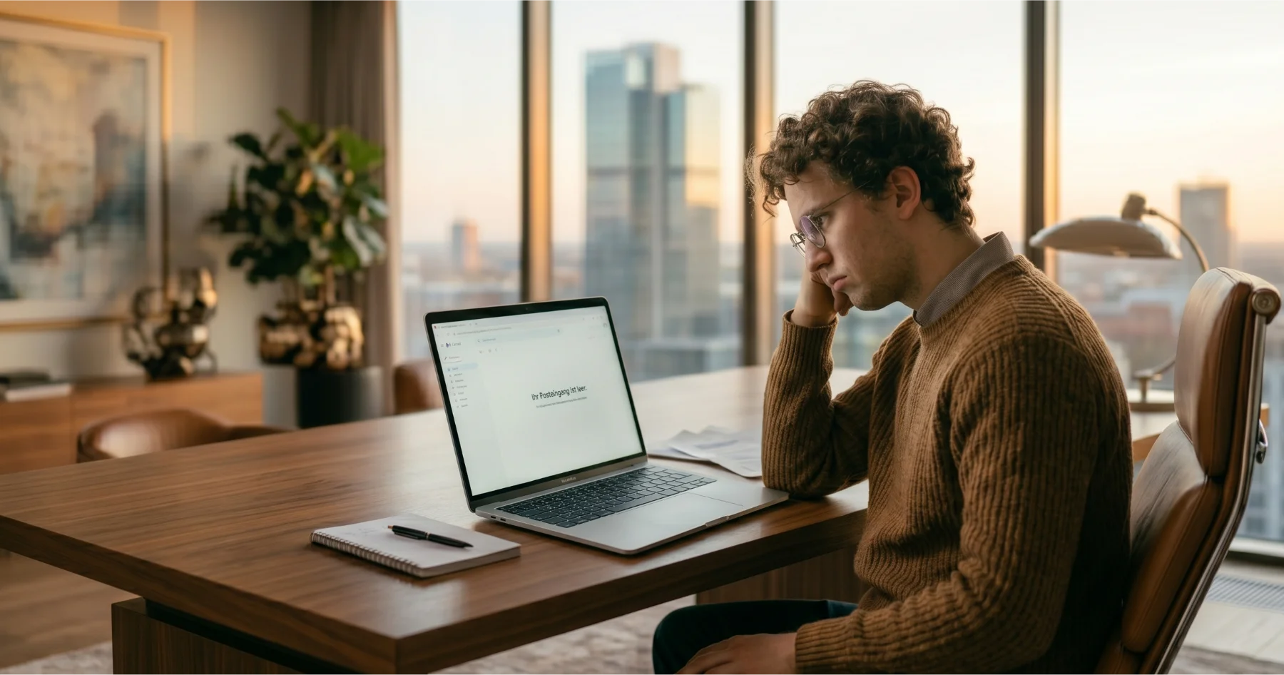 Leeres Postfach auf einem Laptop-Bildschirm eines Geschäftsführers – symbolisch für eine Website die keine Anfragen generiert.